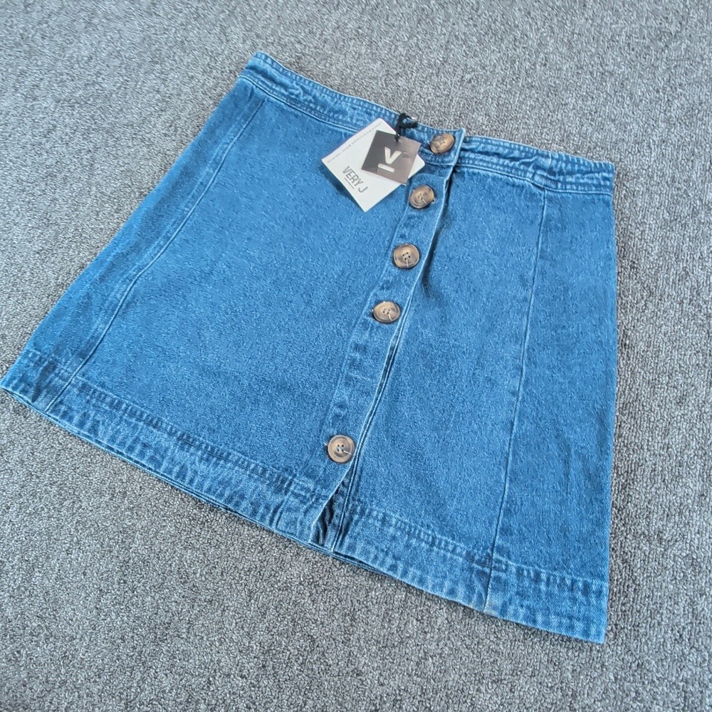 Very J Women Denim Mini Skirt Size M Indigo Blue Button Front A-Line Y2K
